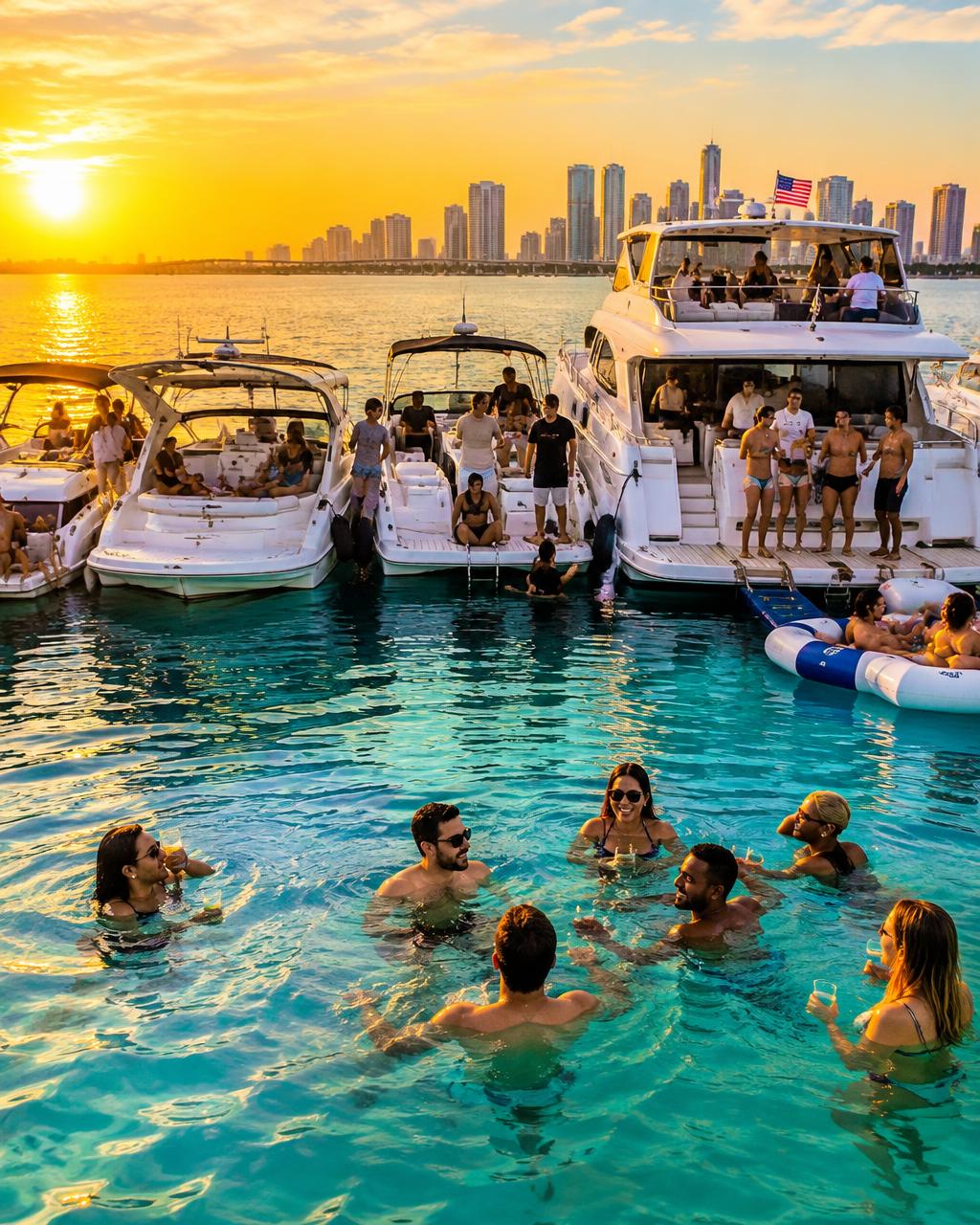 Friends swimming between tied-up boats in Miami at sunset